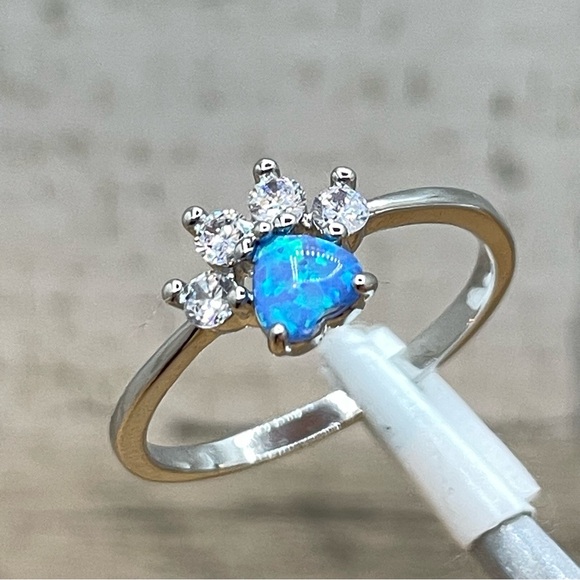 Beautiful Cute Trendy Animal Dog Paw Faux Blue Opal Silver Plated Ring Dainty